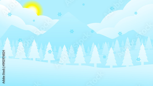 Winter landscape background with snow covered pine trees, majestic mountains, falling snowflakes and bright sun in soft blue flat vector illustration.