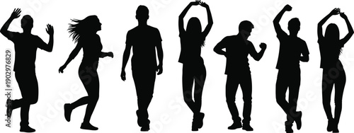 Group of energetic dancing people silhouettes celebrating music and nightlife, illustrating joy, movement, friendship, party culture, dance poses, modern lifestyle concept on white background