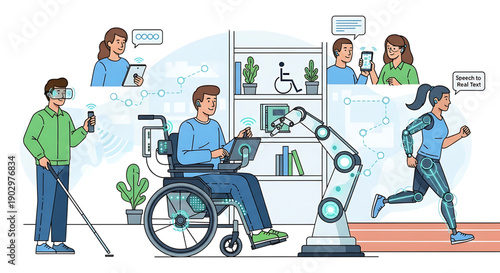 Diverse people with disabilities using assistive technology and inclusive design for accessibility and equal opportunities in modern office environment