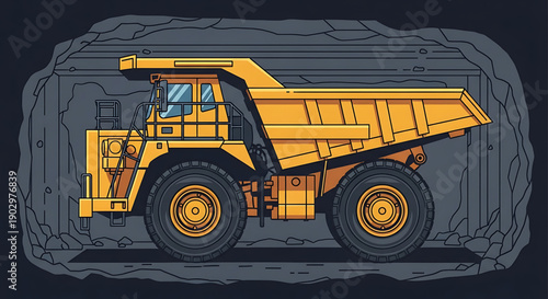 Large yellow mining dump truck in an underground mine tunnel with gray stone walls and black background