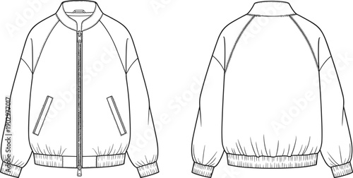 Men bomber jacket technical fashion illustration with front and back views, detailed flat line drawing, casual zip up outerwear apparel template isolated