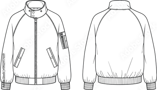 Men bomber jacket technical fashion illustration with front and back views, detailed line drawing flat design, casual outerwear apparel template isolated on white background