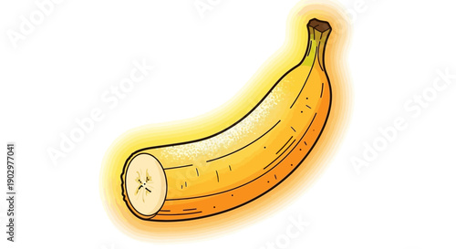 A vibrant and stylized cartoon illustration of a ripe banana with one end neatly sliced