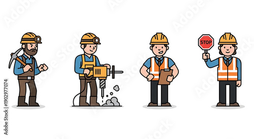 Set of construction workers with tools and safety equipment, vector illustrations of professionals at work
