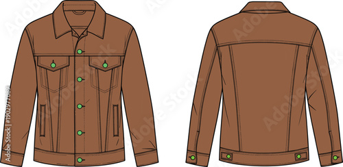 Men denim jacket technical fashion illustration with front and back views, detailed flat design, casual outerwear apparel template, modern clothing concept isolated on white