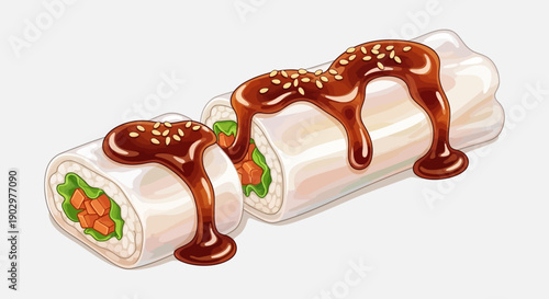 Delicious Asian spring rolls with a rich savory sauce and sprinkle of sesame seeds, perfect for a