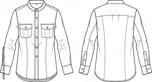 Men long sleeve shirt technical fashion illustration with front and back views, detailed flat line drawing, classic casual apparel design, modern clothing template isolated