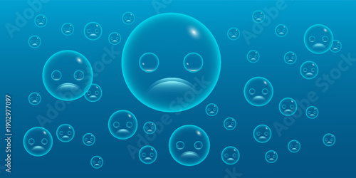 Stock photo of blue balloon bubbles on a blue background with a sad face. Blue Monday concept.