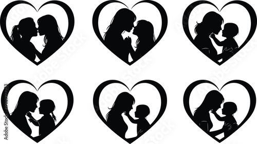 Mother and child silhouette set inside heart shapes expressing love, care, bonding, motherhood, family affection, emotional connection, and tender parenting moments illustration concept