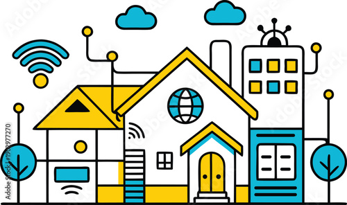 Flat Vector Illustration of Modern Smart House with Technology Icons
