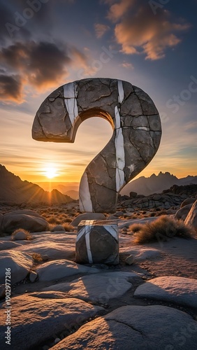 A Giant Stone Question Mark Rises from a Rocky Landscape at Sunset.