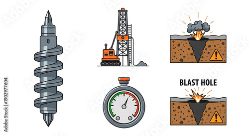 Detailed vector illustrations of industrial drilling and excavation processes, featuring a drill rig, auger bit, blast hole operations, and a timer