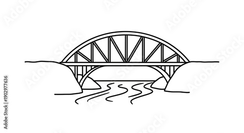 Stylized linear drawing of a classic arched bridge spanning a winding river, connecting two shores in a minimalist black and white illustration, symbolizing connection and infrastructure development