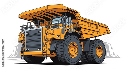 Large yellow mining dump truck with black tires and wheels on white background for industrial and construction concepts