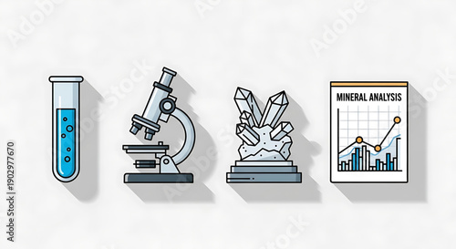 Collection of scientific research tools for mineral analysis, including a test tube, microscope, crystals, and a data report, representing geological and chemical study in a modern flat design