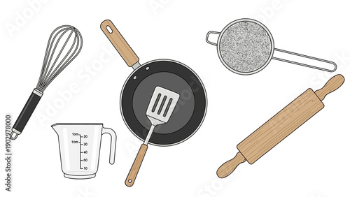 Kitchen utensils and cookware arranged on a clean white surface, viewed from directly above, showcasing various cooking essentials
