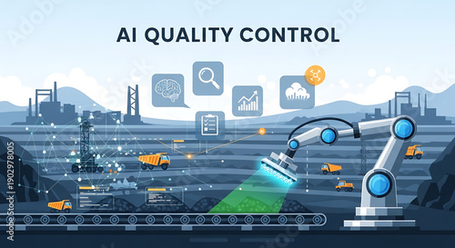 Ai quality control robotic arm inspecting products on a futuristic factory production line with industrial landscape