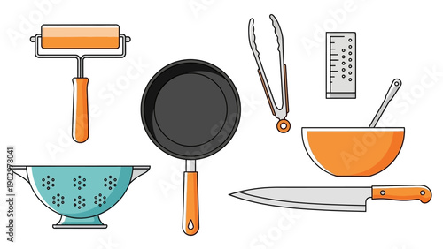 Assorted kitchen utensils and cookware displayed on a clean white background from a direct overhead viewpoint
