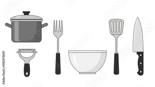 Kitchen utensils and cookware set including pot, peeler, fork, bowl, spatula, and knife on a white background in a flat illustration style
