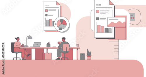 Business people working in office analyzing data charts and reports on transparent background