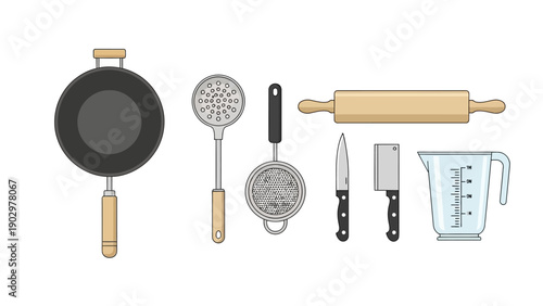 Collection of kitchen utensils and cooking tools displayed on a white background, including a frying pan, rolling pin, and measuring cup.