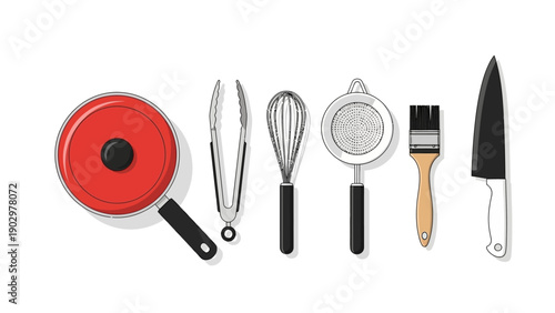 Assorted kitchen utensils including a red saucepan, tongs, whisk, strainer, brush, and knife on a white background from a straight-on viewpoint