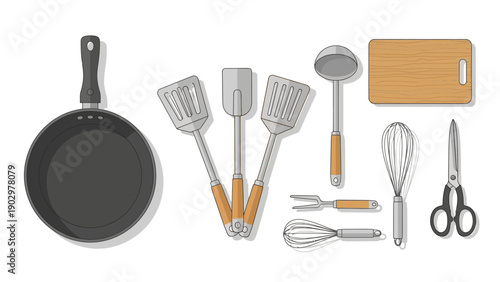Assorted kitchen utensils and cookware arranged neatly on a clean white background, showcasing various tools for cooking and food preparation