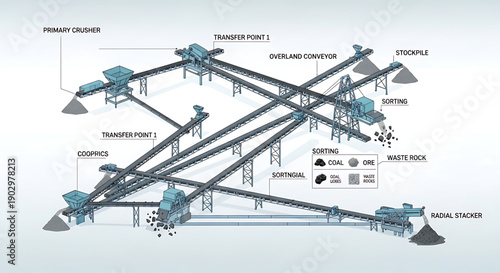 Detailed diagram of a coal mining processing plant with labeled machinery and conveyor belts