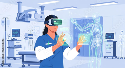 Female doctor wearing vr headset interacting with virtual hologram in modern hospital room with medical equipment and human skeleton