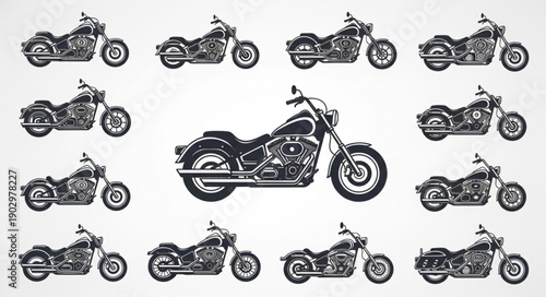 Collection of Chopper Motorcycles in Black and White.