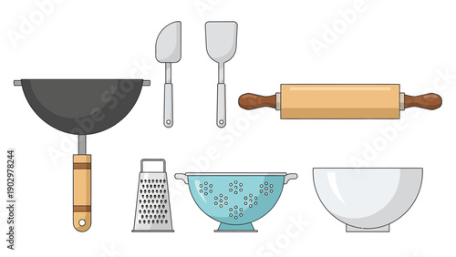 Kitchen utensils and appliances arranged on a clean surface, ready for cooking and food preparation activities.