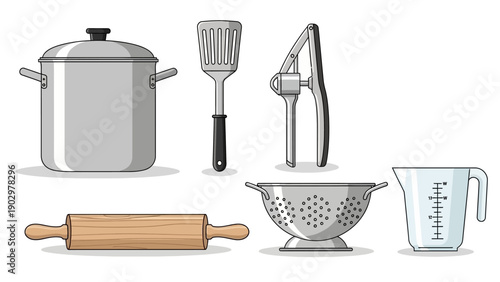 Kitchen utensils and equipment, including pot, sifter, and rolling pin, arranged neatly for cooking and baking tasks