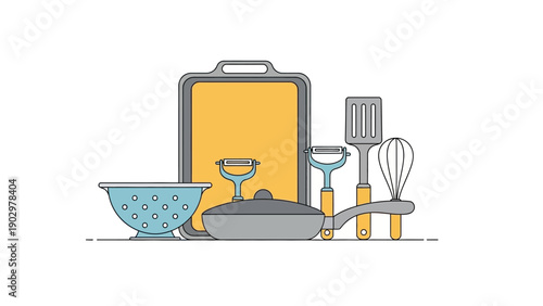 Collection of kitchen utensils and appliances displayed on a clean surface from a straightforward view