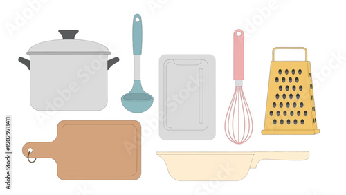 Assorted kitchen utensils and cookware arranged neatly on a clean white surface from a direct overhead viewpoint.