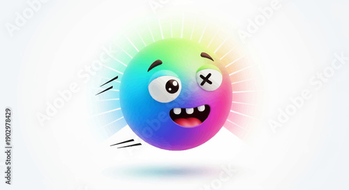 Vibrant rainbow colored 3D character with crazy eyes and a dynamic expression