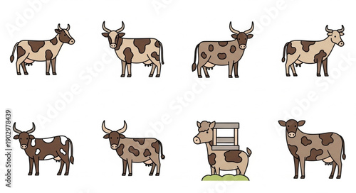 Collection of Cartoon Cows in Various Poses and Breeds.