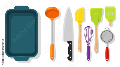 Assorted kitchen utensils and cookware displayed on a clean white surface, ready for culinary preparation and cooking activities
