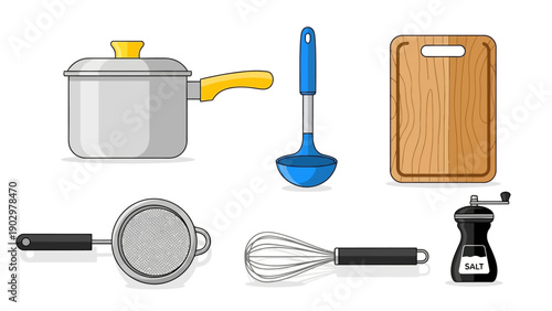 Collection of kitchen utensils and cookware displayed on a clean white background from a direct overhead viewpoint