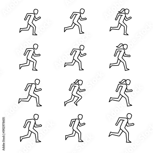 Outline running icon black vector jog and sprint line art set