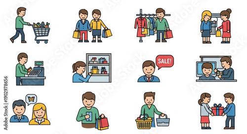 Collection of cartoon shopping icons representing various retail activities.