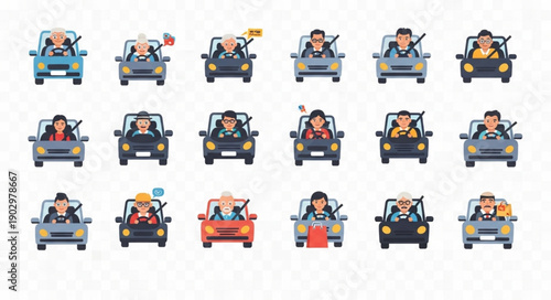 Collection of cartoon people driving cars with various expressions.