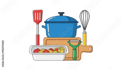 Assorted kitchen utensils and cookware on a wooden board with a casserole dish filled with vegetables