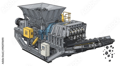 Industrial stone crusher machine in operation with conveyor belt and hopper crushing rocks into smaller pieces for construction or mining use