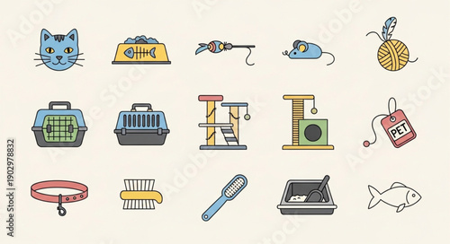 Collection of cat accessories and toys for pets.