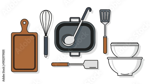 Kitchen utensils and cookware arranged neatly on a clean surface, viewed from directly above