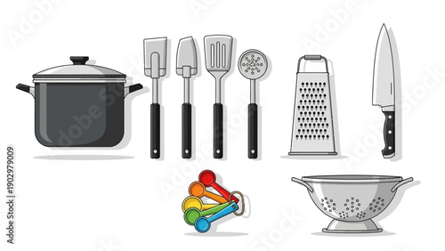 Assorted kitchen utensils and cookware displayed together on a clean white surface