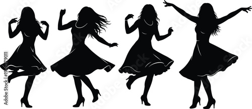 Dancing woman silhouettes set, black vector illustration of feminine movement, freedom, joy and expressive dance poses, nightlife celebration and lifestyle concept
