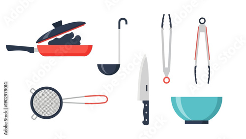 Assorted kitchen utensils and cookware displayed on a clean white surface from a direct overhead viewpoint