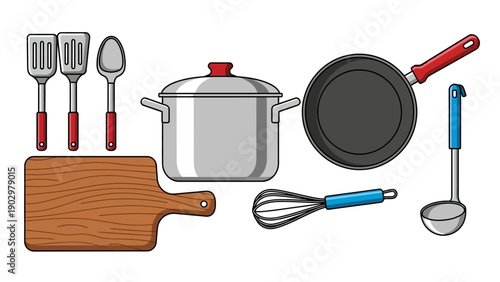 Kitchen utensils and cookware arranged on a clean white background showcasing various cooking tools and equipment