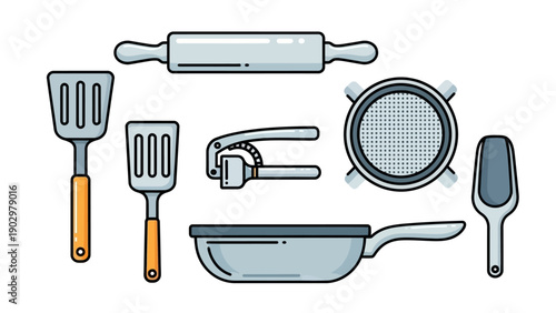 Kitchen utensils and cookware arranged neatly for cooking and baking tasks in a culinary setting.